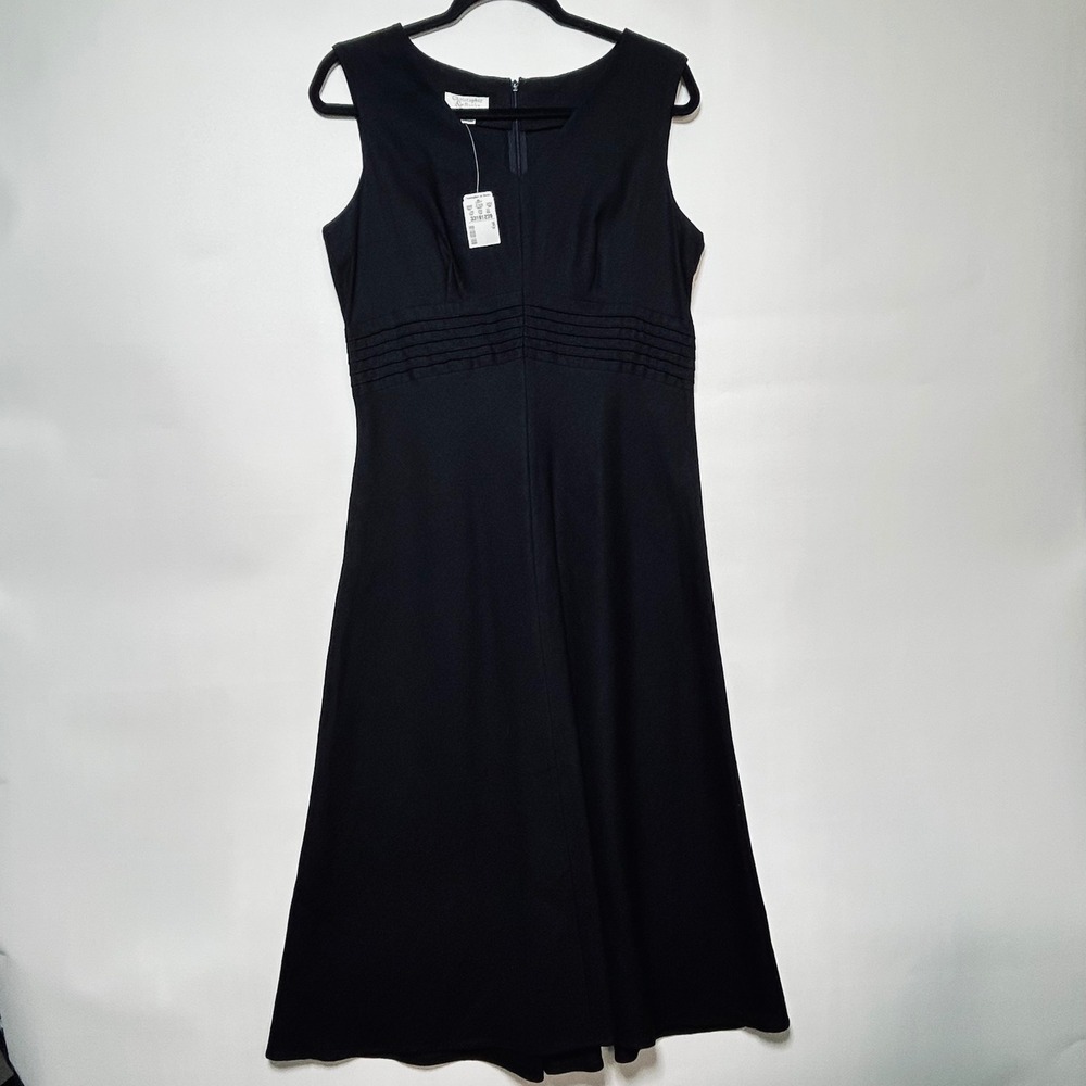 New Christopher Banks Midi Dress Women 10 Black Linen Blend Empire Waist Classic